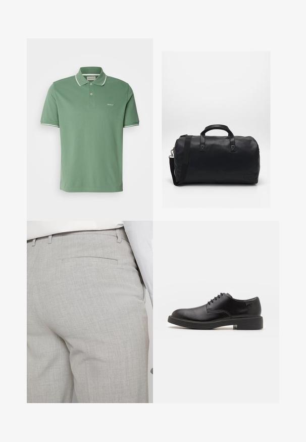 Zelené polo tričko vyrobené z bavlny, s límečkem, dvouknoflíkovou légu a bílým lemem na rukávech, s decentním výšivkou loga.; Světlounce šedé kalhoty na míru z texturované látky, s jednou zadní kapsou a čistým prošitím.; Černé kožené šněrovací boty s kulatou špičkou, hladkým povrchem, minimálním prošíváním a nízkým gumovým podpatkem. Logo na patě.; Černá sportovní taška vyrobená z texturovaného syntetického materiálu. Má dvě ucha a nastavitelné ramenní poutko. Jednoduchý design bez viditelných vzorů.
