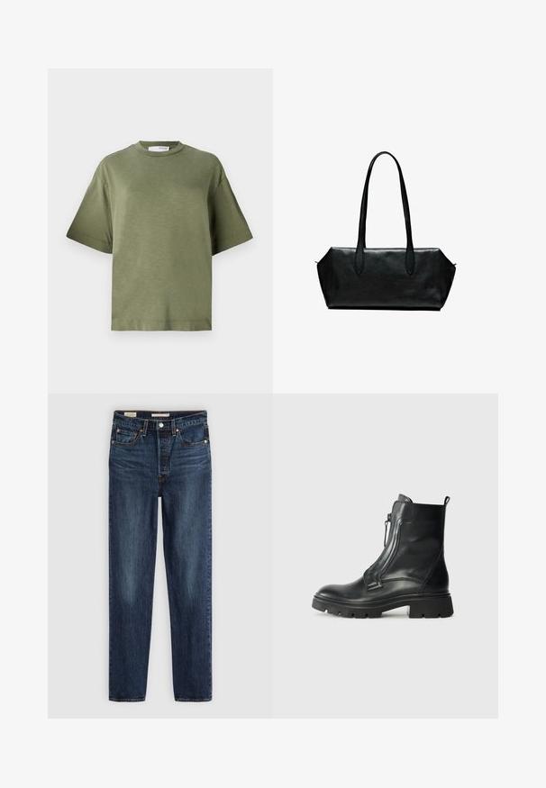 Olivengrünes Kurzarm-T-Shirt aus weichem Stoff, mit entspannter Passform, rundem Halsausschnitt und minimalistischem Design. Keine sichtbaren Muster.; Weißes Langarm-Hemd mit Knopfverschluss, Kragen und einer einzelnen Brusttasche, leicht geschwungener Saum, auf weißem Hintergrund präsentiert.; Dunkelblaue gerade geschnittene Jeans mit fünf Taschen, Knopf- und Reißverschluss und kontrastierenden Nähten.; Schwarze Leder-Ankle Boots mit einer robusten Gummisohle, seitlichem Reißverschluss, glatter Textur und einer leicht abgerundeten Zehenpartie. Minimalistisches Design ohne Muster.; Schwarze Ledertasche mit langen Griffen, rechteckiger Form, glatter Oberfläche und schrägen Seiten, mit minimalistischer Gestaltung und ohne sichtbare Beschläge.