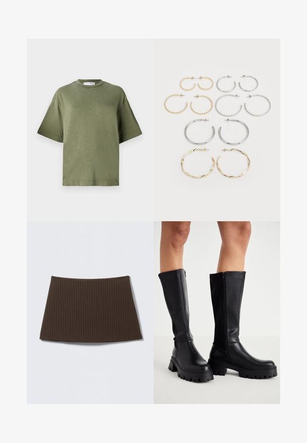 Oliven grøn T-shirt med korte ærmer, lavet af blødt stof med en afslappet pasform, rund halsudskæring og minimalistisk design. Ingen synlige mønstre.; Brun nederdel med nålestriber, tætsiddende design, glat tekstur og flared kant, ideel til et skræddersyet look.; Sorte knæhøje støvler lavet af glat kunstlæder med en kraftig sål, lynlås i siden og design med rund tå.; Sæt med tolv hoop øreringe i sølv- og guldfarver. Inkluderer snoede, glatte og teksturerede designs i forskellige størrelser og overflader.