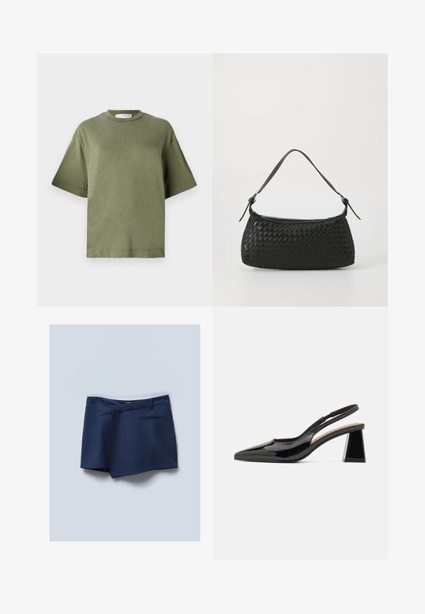 Olivovo zelené tričko s krátkym rukávom, vyrobené z mäkkej textílie s voľným strihom, okrúhlym výstrihom a minimalistickým dizajnom. Žiadne viditeľné vzory.; Námořnické modré šortky s plochým předním dílem, bočními kapsami a zadní kapsou. Hladká tkanina s upraveným vzhledem a šitými detaily.; Čierne lakované lodičky so špicatou špičkou, ktoré sú vybavené jedinečným geometrickým blokovým podpätkom a hladkou textúrou. Nastaviteľný remienok na podporu.; Čierna tkaná taška cez plece s hladkým koženým remienkom a zipsovým uzáverom. Disponuje štruktúrovaným povrchom a zakriveným tvarom.