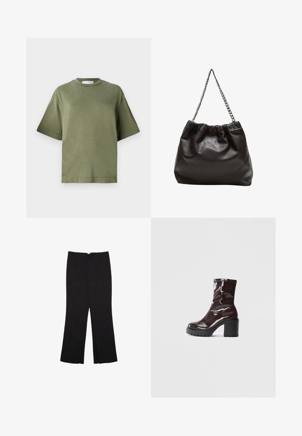 Olivno zelena kratka majica s kratkimi rokavi, izdelana iz mehkega materiala z ohlapnim krojem, okroglo ovratnikom in minimalističnim dizajnom. Brez vidnih vzorcev.; Črne hlače ravnega kroja z naglavnimi žepi in stranskimi razporki na robu. Narejene iz mehke, gladke tkanine. Primerne za različne priložnosti.; Sijajan škrlatank z bleščečim videzom, z masivnim črnim peto, ki se ponaša z gladko teksturo in preprostim dizajnom. Brez vidnih zapenjal ali vzorcev.; Rjava usnjena torba z nabranim vrhom in verižnim trakom. Gladka tekstura z sijajno površino in subtilnimi šivi na straneh.