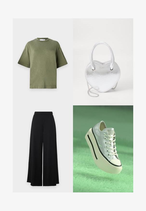 Olivengrünes Kurzarm-T-Shirt aus weichem Stoff, mit entspannter Passform, rundem Halsausschnitt und minimalistischem Design. Keine sichtbaren Muster.; Schwarze weit geschnittene Hosen mit flachem Bund. Hergestellt aus einem glatten, leichten Stoff, der eine fließende Silhouette bietet. Keine Taschen oder Verzierungen.; Metallisch silberner Sneaker mit Plateausohle, weißen Schnürsenkeln und schwarzen Akzenten. Verfügt über eine abgerundete Zehenpartie und eine strukturierte Gummisohle.; Silberne metallische herzförmige Handtasche mit zwei Griffen, Kettenriemen und glatter Textur. Verfügt über Metallbeschläge und gestickte Kanten.; Drei Haarklammern: eine graue durchsichtige Klammer, eine gepunktete blau-weiße Klammer und eine rot-grün gemusterte Klammer, alle mit einer strukturierten Oberfläche.