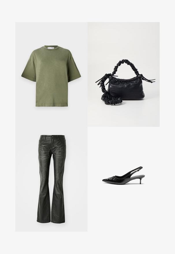 Camiseta de manga corta verde oliva, hecha de una tela suave con un ajuste relajado, escote redondo y diseño minimalista. Sin patrones visibles.; Pantalones flared de cuero sintético negro con bolsillos frontales, cierre de botón metálico y una superficie ligeramente texturizada. Pierna recta con un corte largo.; Tacones slingback de cuero negro con punta afilada, pequeño tacón kitten y un detalle de nudo decorativo en la parte frontal. Textura suave en toda la superficie.; Bolso de mano de imitación cuero negro con textura de cocodrilo, parte superior fruncida y correa arrugada. Presenta un diseño suave y compacto.