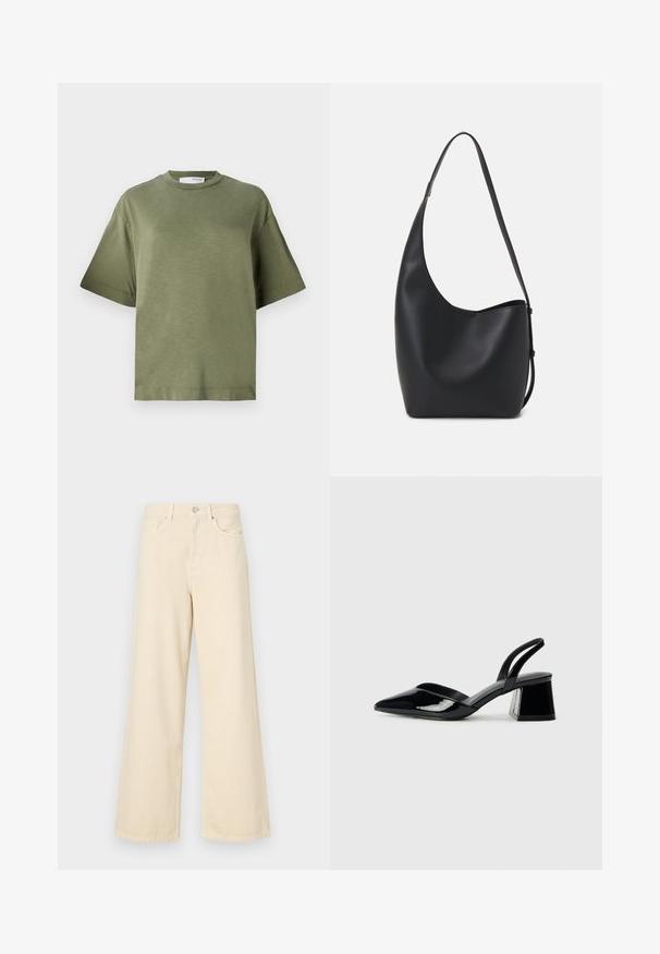 Olive green short-sleeve T-shirt, made of soft fabric with a relaxed fit, round neckline, and minimalistic design. No visible patterns.; Beige wide-leg jeans made of cotton. Features a button closure, belt loops, and front pockets with a smooth, soft texture.; Black patent leather slingback heels with a pointed toe and a geometric block heel. Features a sleek, minimal design and smooth texture.; Black leather hobo bag with a smooth texture, curved shape, and single adjustable strap; features a wide opening at the top.