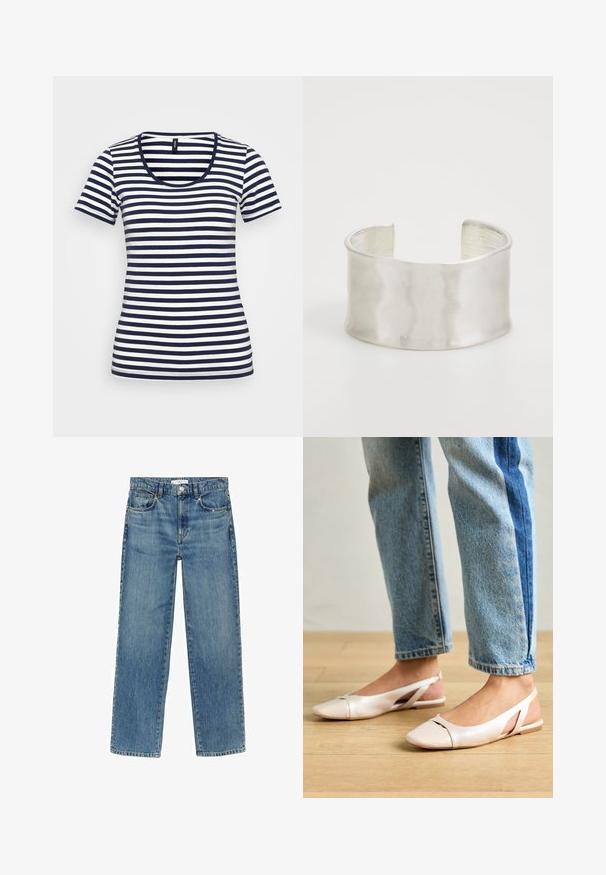 Námornícky modré a biele pruhované tričko s obláčikovým výstrihom, krátkymi rukávmi a priliehavým strihom. Vyrobené z jemnej, ľahkej textílie.; Svetlomodré džíny z denimu so straight leg strihom, piatimi vreckami a zapínaním na gombík v páse. Obsahujú viditeľné švy a vybledlý vzhľad.; Svetloružové slingback baleríny s jemne špicatou špičkou, vyrobené z hladkého materiálu pripomínajúceho kožu. Majú výrezové detaily na stranách a plochý opätok.; Zign Náramok - silver-coloured