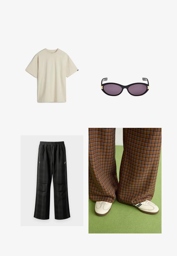 T-shirt in cotone beige con maniche corte, scollatura a girocollo e un piccolo logo bianco sul petto. Texture liscia con una vestibilità rilassata.; Pantaloni a quadri neri con vita elasticizzata, due tasche frontali e una vestibilità ampia con design a gamba dritta. Realizzati in materiale leggero.; Pantaloni a pieghe larghi a quadri marroni e blu abbinati a scarpe bianche con dettagli neri e suole testurizzate, posizionati su uno sfondo verde.; Occhiali da sole a forma di gatto neri con lenti viola. Presentano dettagli in oro vicino alle tempie. Montatura in plastica liscia con una finitura lucida.