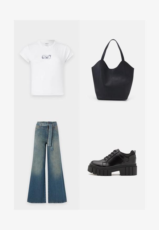 Balta kokvilnas t-kreklu ar īsām piedurknēm un apaļu kakla izgriezumu, priekšpusē ar tumši zilu "OBEY" grafisko tekstu. Gluda tekstūra.; Platām kājām džinsu bikses ar gaismas līdz tumši zilam gradientam, augstu jostas līniju, jostas cilpām un atbilstošu auduma jostu. Tekstūrēts džinsas apdare.; Melnas ādas platformas kurpes ar masīvu bloku papēdi, apaļu purngalu un tradicionālu saistīšanas dizainu. Izceļas ar gludu tekstūru un minimālu apdari.; Melnas rokassomas, kas izgatavota no gludas ādas, ar izliekto atvērto augšu, divām plecu jostām un minimālistisku dizainu.