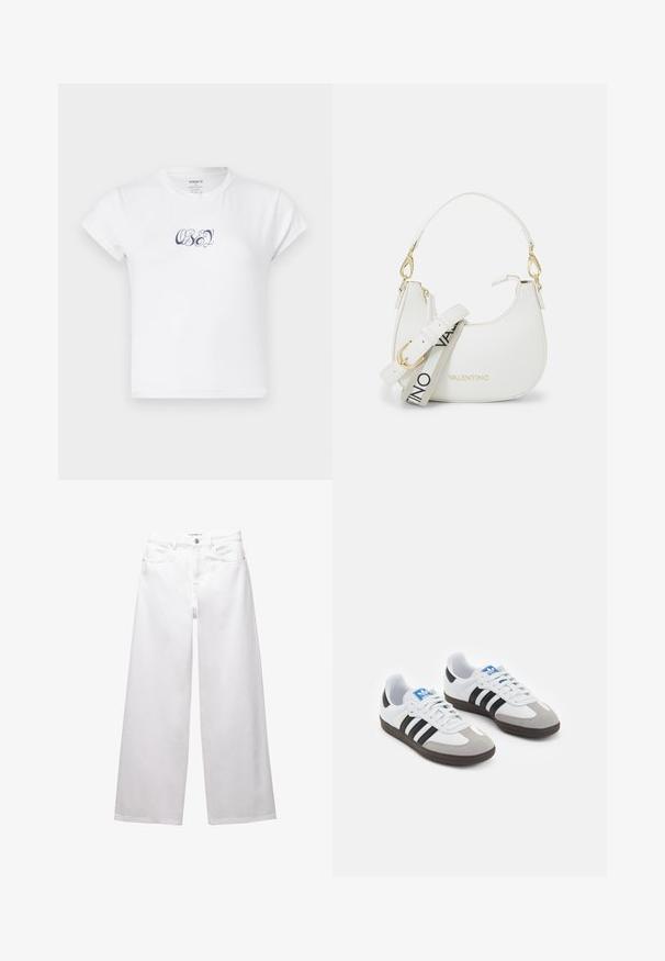 Weißes Baumwoll-T-Shirt mit kurzen Ärmeln und rundem Ausschnitt, mit dunkelblauem "OBEY"-Graphic-Text auf der Vorderseite. Glatte Textur.; Weiße weit geschnittene Jeans aus Denim. Mit Knopfverschluss, Vorder- und Gesäßtaschen sowie gesteppten Nähten. Glatte Textur mit minimalen Details.; Sportschuhe mit einem Obermaterial aus weißem Leder, grauer Wildleder-Zehenkappe und drei schwarzen Streifen. Sie verfügen über ein blaues Logo auf der Zunge und eine strukturierte Gummisohle.; Weißes Handtasche mit geschwungener Silhouette, strukturiertem Leder, goldenen Beschlägen und einem abnehmbaren Tragegurt mit Logo- und Schnallendetails.