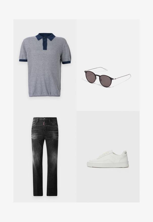Csíkos pólóing sötétkék és fehér színben, egyszínű sötétkék gallérral és háromgombos sliccel, rövid ujjak ribbelt mandzsettával.; Fekete farmernadrág egyenes szabással. Fakadó területek, kisebb kopások, klasszikus öt zsebes kialakítás és gombos zárás jellemzi.; Fehér bőr sportcipő sima felülettel, kerek orral, lapos fűzőkkel és texturált talppal. Finom logó található a sarokon.; Fekete kerek napszemüveg sötét lencsékkel és karcsú fém szárakkal. Átlátszó szárvégeket és ezüst részleteket tartalmaz az ívnél. Minimalista dizájn.