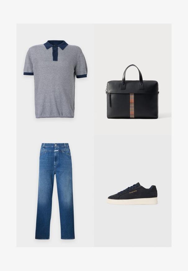 Camisa polo às riscas em azul marinho e branca, com colarinho sólido azul marinho e placket de três botões, mangas curtas com punhos canelados.; Jeans de ganga azul com corte reto, apresentando um fecho de botão, passantes para cinto e desbotamento suave nas coxas.; Sapatilhas baixas em camurça azul-marinho com sola branca, atacadores azuis-marinho e o logótipo "Filling Pieces" em dourado na lateral.; Paul Smith BAG FOLIO UNISEX - Pasta - black