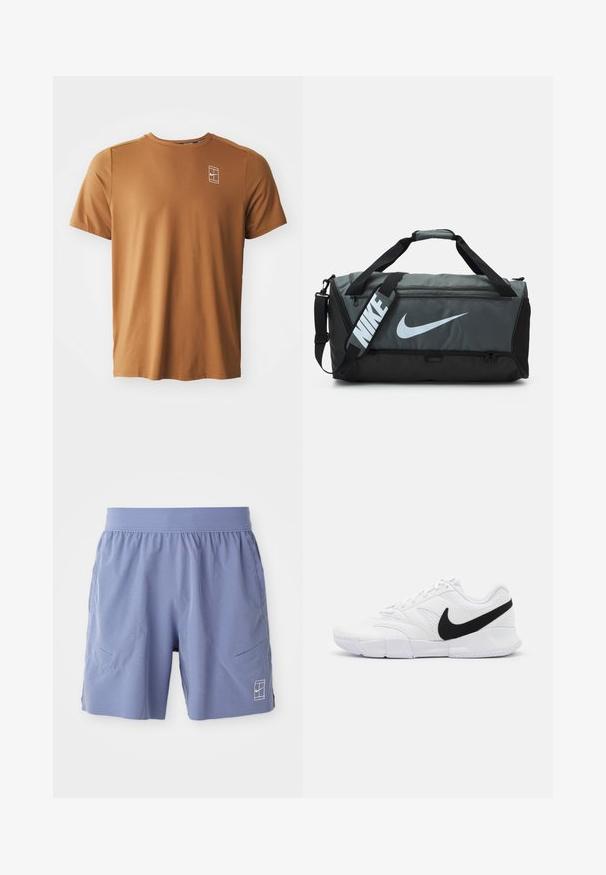 T-shirt castanho de manga curta, feito de tecido texturizado, com um pequeno logotipo branco no lado esquerdo do peito. Design de gola redonda com um ajuste descontraído.; Calções de desporto azul claro com um cós elástico, dois bolsos laterais e um pequeno logótipo branco na parte inferior frontal direita. Textura suave.; Sapatilhas brancas com um upper texturizado, logo Nike em preto, colarinho almofadado e uma sola de borracha sólida com um padrão de textura.; Mala de desporto Nike com um design em cinza escuro e preto, apresentando um grande logo branco, duas alças e uma correia de ombro ajustável.