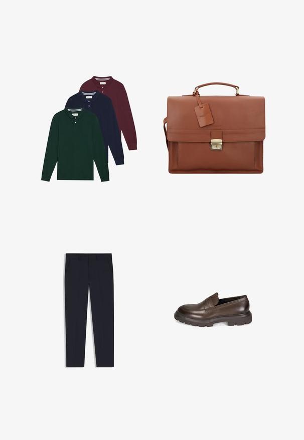 Drie langsluiting polo's in donkergroen, marineblauw en bordeauxrood, met klassieke kraag en knopen. Zachte, gestructureerde stof.; Marineblauwe broek met een getailleerde pasvorm, voorzien van twee voorkruiden, een vlakke voorkant en een gladde textuur. Geen zichtbare patronen of versieringen.; Desa Instappers - brown; Bruine leren aktetas met een klep, bovenhandgreep, afneembare schouderband, gouden hardware en een bagagelabel met de merknaam.; Zilveren metalen horloge met een geborstelde blauwe wijzerplaat, witte uurmarkeringen en een datumweergave. Voorzien van een geschakelde metalen band en het logo van het merk.