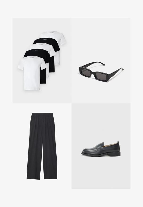 Cinco t-shirts básicas exibidas em uma linha: duas brancas e três pretas. Com mangas curtas, design de gola redonda, material de algodão macio.; Calças de perna larga feitas de tecido cinza escuro. Apresentam pregas na cintura, um design sob medida e uma silhueta reta.; Mocassins de couro pretos com um acabamento suave, sola plana e bico arredondado, com uma tira decorativa atravessando a parte superior.; Óculos de sol retangulares pretos com lentes escuras, acabamento brilhante, braços largos e um design de armação robusto. Nome da marca gravado em um dos braços.