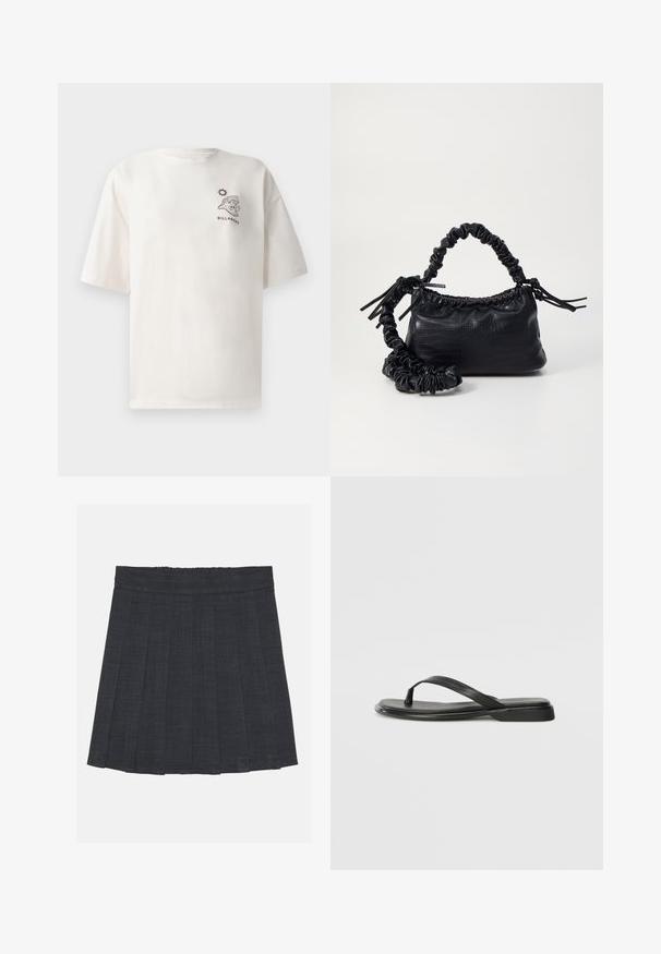 Cream-colored cotton T-shirt with short sleeves, featuring a graphic of a wave and sun, and "BILLABONG" text on the front.; Dark gray pleated skirt with an elastic waistband, featuring a textured fabric and a classic A-line silhouette. Suitable for casual wear.; Black flip-flop made of smooth leather, featuring a thin strap design and a flat sole with a minimal profile. No notable patterns or accents.; Black faux leather handbag with a crocodile texture, cinched top, and a scrunched strap. Appears soft and compact in design.