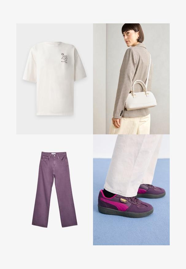 Majica od pamučne tkanine boje vrhnje s kratkim rukavima, koja na prednjoj strani ima grafiku vala i sunca, te tekst "BILLABONG".; Ljubičaste hlače visokog struka ravnog kroja s prednjim džepovima i kopčanjem na dugme na bijeloj pozadini.; Ljubičasti i ružičasti tenisice s gumenim potplatom, s teksturiranom površinom, vezicama i zlatnim brendom sa strane. Bijele hlače kontrastiraju s cipelama.; Bijela strukturna torba s kratkim ručkama i remenom za rame, s zlatnim metalnim detaljima i teksturiranim materijalom, prikazana na sivoj pozadini.