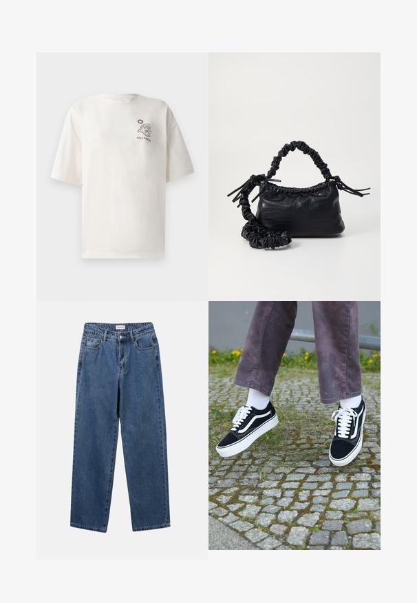 Krémové bavlnené tričko s krátkymi rukávmi, s grafikou vlny a slnka a textom "BILLABONG" na prednej strane.; Klasické modré džínsy z denimu so strihom rovného strihu, piatimi vreckami a zapínaním na gombík. Majú stredné praním a pevnú textúru.; Čierne semišové tenisky s bielymi akcentmi, s okrúhlou špičkou, hrubou bielou podrážkou a klasickým šnurovacím dizajnom, kombinované s bielymi ponožkami a fialovými nohavicami.; Čierna umelá kožená kabelka s kroko vzorom, sťahovaným vrchom a zhnutým popruhom. Vyzerá mäkko a kompaktné v dizajne.