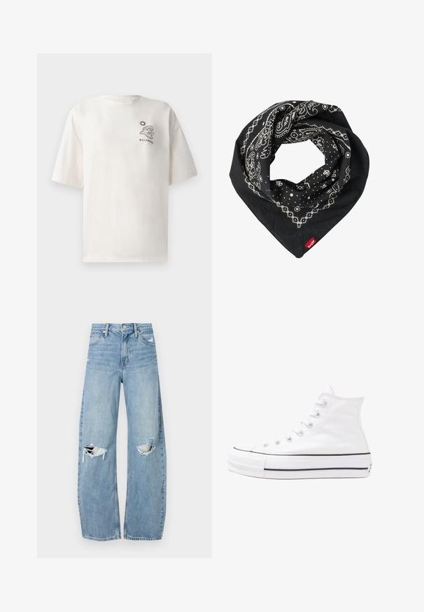 Camiseta de algodón color crema con mangas cortas, que presenta un gráfico de una ola y un sol, y el texto "BILLABONG" en el frente.; Vaqueros de mezclilla de tiro alto en azul claro. Tienen piernas anchas, dos áreas desgastadas en las rodillas y un estilo clásico de cinco bolsillos.; Zapatilla de lona alta blanca con suela de goma negra, puntera de goma frontal y seis ojetes para los cordones, que presenta un diseño limpio y minimalista.; Levi's® PAISLEY BANDANA UNISEX - Fular - regular black