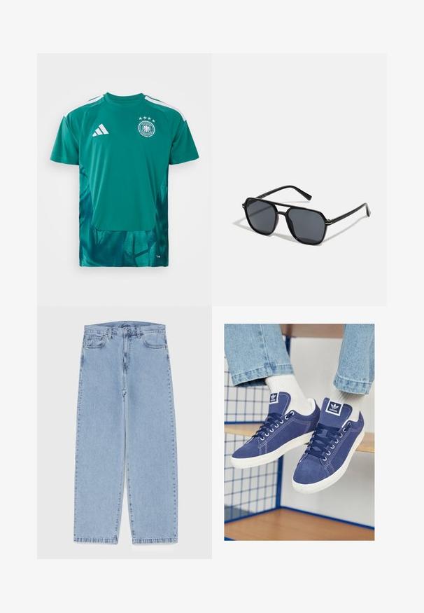 Maillot de sport vert avec un col rond, des manches courtes, un motif graphique ton sur ton sur la moitié inférieure et des rayures blanches sur les épaules.; Jean en denim bleu clair avec une coupe droite, présentant une taille mi-haute, cinq poches, et une fermeture à bouton et à fermeture éclair.; Baskets Adidas bleu marine en suède, avec des semelles en caoutchouc blanc, des bouts ronds et un patch logo sur la languette. Chaussettes blanches éclatantes visibles.; Lunettes de soleil noires avec monture octogonale, verres foncés, finition brillante, branches fines et accents dorés sur l'avant.