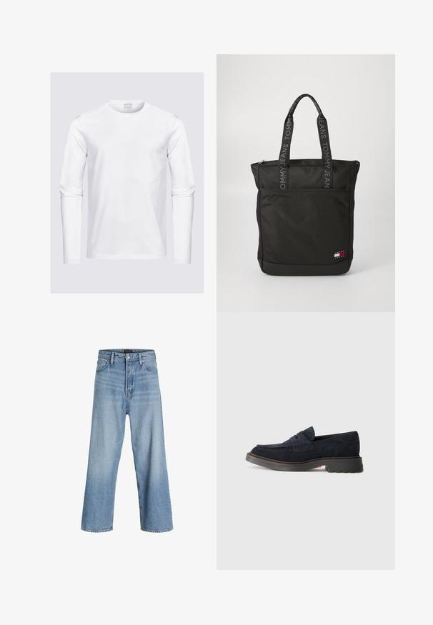 Witte longsleeve t-shirt van katoen. Heeft een ronde hals, een gladde textuur en een strakke pasvorm met minimale stikseldetails.; Lichtblauwe wijdvallende jeans van denim, met een hoge taille, klassieke vijf-pocketontwerp en knoopsluiting met ritssluiting.; Navyblauwe suede instappers met een ronde neus, decoratieve stiksel en een rubberen zool met een lichte verhoging. Duurzaam materiaal en ontwerp.; Zwarte tote bag gemaakt van duurzaam stof, met een rits bovenkant, twee handvatten met "TOMMY JEANS" branding, en een voorvak.