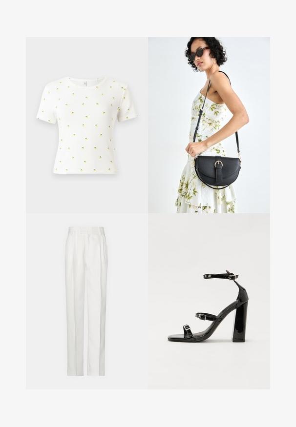 White short-sleeve t-shirt made of ribbed fabric, featuring a scattered pattern of small yellow pineapples with green leaves.; White pinstriped trousers with a straight leg design, made from a lightweight fabric. Features pleats at the front and a traditional waistband.; Black patent heeled sandals with a square toe, ankle straps, and silver buckles. Features a chunky block heel for stability.; Black leather handbag with a curved shape, detachable strap, and gold hardware. The bag features a flap with a buckle detail.