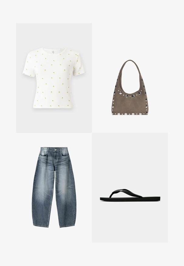 T-shirt bianco a maniche corte realizzato in tessuto a coste, con un motivo distribuito di piccoli ananas gialli e foglie verdi.; Jeans a gamba larga in denim azzurro chiaro con sfumature, dotati di design a cinque tasche, chiusura con bottone e dettagli di cucitura minimal.; Infradito in gomma nera con cinturino testurizzato e suola piatta semplice, mostrati di lato su uno sfondo chiaro e uniforme.; PULL&BEAR SHOPPER - Shopping bag - grey