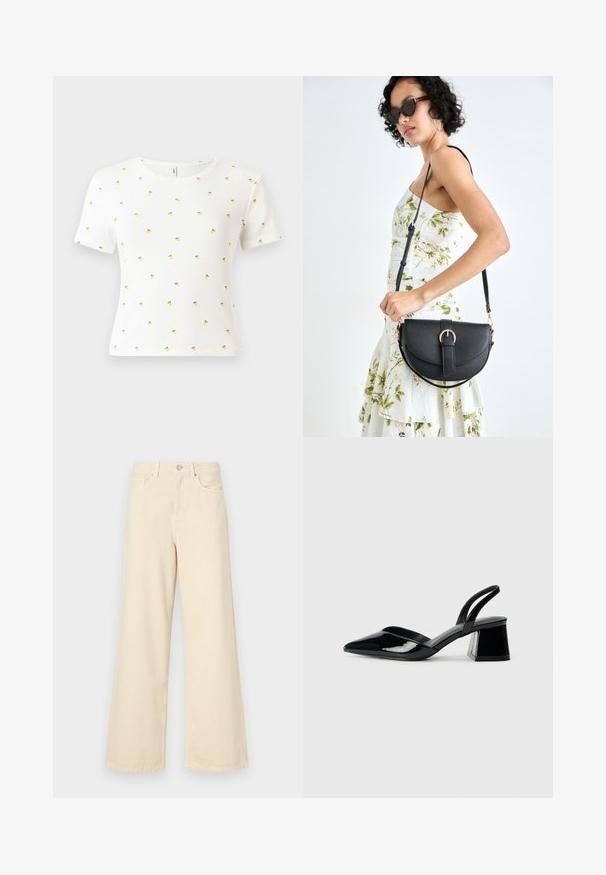 White short-sleeve t-shirt made of ribbed fabric, featuring a scattered pattern of small yellow pineapples with green leaves.; Beige wide-leg jeans made of cotton. Features a button closure, belt loops, and front pockets with a smooth, soft texture.; Black patent leather slingback heels with a pointed toe and a geometric block heel. Features a sleek, minimal design and smooth texture.; Black leather handbag with a curved shape, detachable strap, and gold hardware. The bag features a flap with a buckle detail.