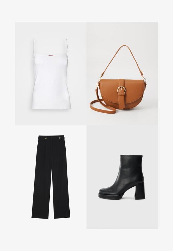 Esprit STRAP - Top - white; Schwarze weite Hosen mit hoher Taille, Knopfdetails am Bund und vorderen Falten.; Schwarze Leder-Stiefelette mit Blockabsatz und Plattformsohle, seitlich auf einem schlichten weißen Hintergrund betrachtet.; Braune Leder-Crossbody-Tasche mit geschwungener Form, goldfarbenen Beschlägen und einer Schnallenakzentuierung. Verfügt über einen abnehmbaren Schultergurt.