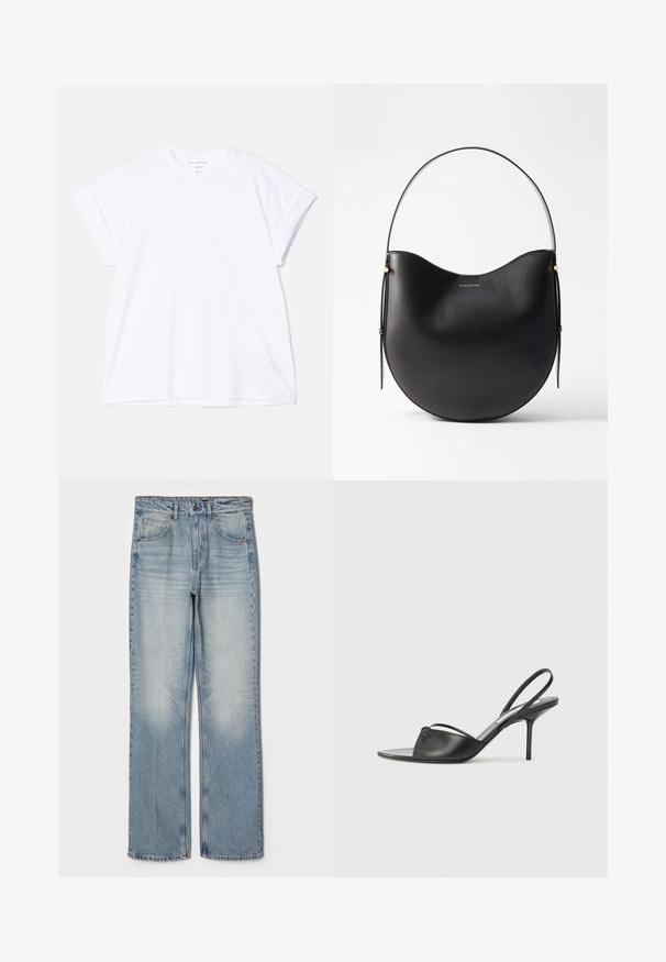 Victoria Beckham T-shirts basic - white; Lyseblå denimjeans med lige pasform, der har høj talje, fem lommer og let blegt slid på lår og knæ.; Sorte læder slingback stilethæle med spidse tæer, tynd ankelrem og stilettohæle. Har en knyttet detalje på vamps.; Sort læder skuldertaske med en buet form, tyndt håndtag og diskrete guld accenter. Glat tekstur med minimalistisk design.