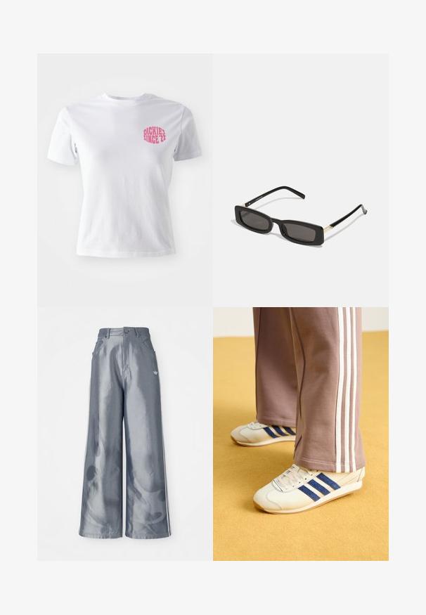Bílý bavlněný tričko s krátkým rukávem, s růžovým grafickým potiskem na levé části hrudi, který zní "DICKIES SINCE '22." Klasický design s kulatým výstřihem.; Kalhoty s širokými nohavicemi z lesklého šedého materiálu, se bílými bočními pruhy a plamenným vzorem na spodní části nohavic. Zapínání na knoflík a zip v pase.; Krémové tenisky s modrými semišovými pruhy, bílými tkaničkami a gumovou podrážkou. Spárovány se šedými tepláky s bílými bočními pruhy.; Černé obdélníkové sluneční brýle s tmavými skly, lesklými plastovými rámy a zlatými akcenty na spáncích. Minimalistický design a štíhlý tvar.