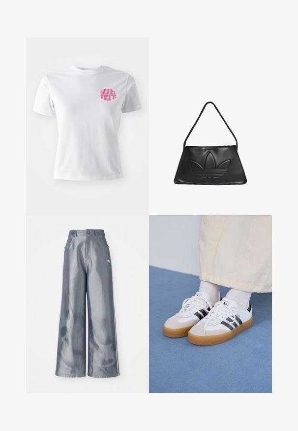 Weißes Baumwoll-T-Shirt mit kurzen Ärmeln, versehen mit einem pinken Grafikdesign auf der linken Brust, das "DICKIES SINCE '22" zeigt. Klassisches Rundhals-Design.; Weite Hose aus glänzendem grauem Material, ausgestattet mit weißen seitlichen Streifen und einem Flammenmuster an den Unterschenkeln. Knopf- und Reißverschlussverschluss an der Taille.; Weiße Sneaker mit schwarzen Streifen und beigen Wildlederakzenten. Besitzen eine strukturierte Gummisohle und flache weiße Schnürsenkel, getragen mit hellen Socken.; Schwarze Lederhandtasche mit trapezförmiger Form, ausgestattet mit einem erhöhten Adidas-Logo-Design und einem dünnen Schultergurt. Reißverschlussöffnung an der Oberseite.