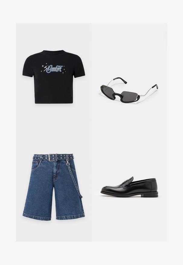 Black cropped t-shirt made of cotton with a round neckline, featuring a blue and white "GmbH" logo surrounded by small stars printed on the front.; Denim shorts in dark blue, wide-cut design with a belted waist featuring metallic grommets, finished with contrasting stitching and a side chain.; Black leather loafers with a smooth texture, rounded toe, and a decorative strap across the vamp. Low stacked heel, minimalist design.; Black sunglasses with a unique shield shape, featuring dark lenses and thin silver metal arms. The frames have rounded accents and a bold design.