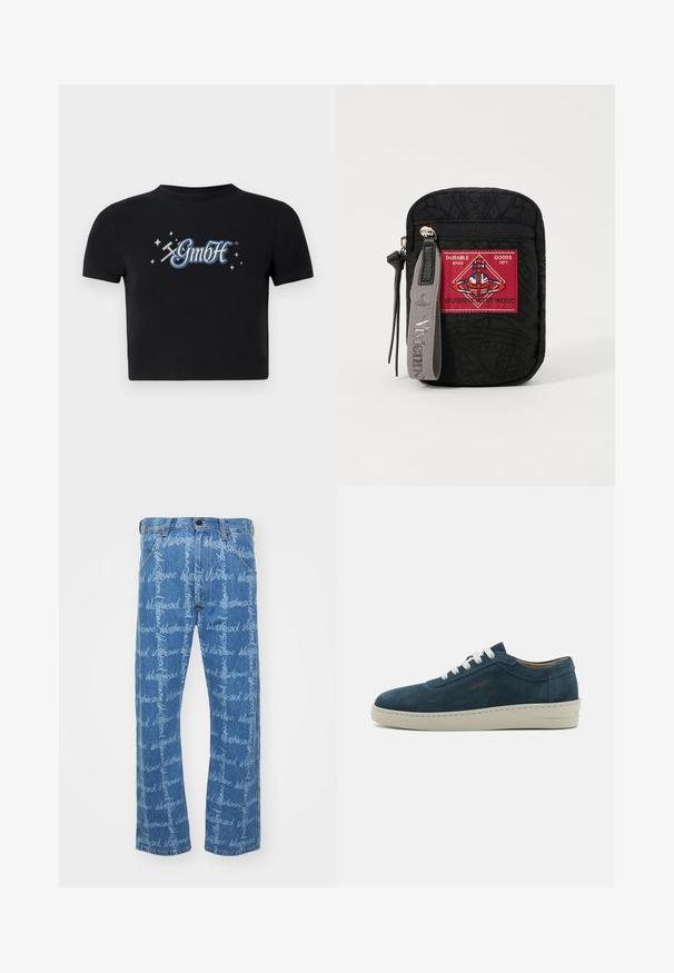 Juodas trumpas marškinėliai, pagaminti iš medvilnės, su apvaliu kaklu, priekyje turi mėlyną ir baltą „GmbH“ logotipą, supdytą mažais žvaigždutėmis.; Mėlyni džinsai su tiesia koja, puikuojantys pakartotu balto teksto raštu "Vivienne Westwood". Klasikinis penkių kišenių dizainas.; Mėlyni zomšiniai sportbačiai su suapvalintu priekiu, baltais raišteliais ir guminėmis padais. Yra subtilių siuvinėjimų ir ženklas ant šono.; Juodas maišelis su tekstūruota medžiaga, su raudona emblema su logotipu, užtrauktuku uždarymas ir pilka juosta su įspauduoto prekės ženklo pavadinimu.