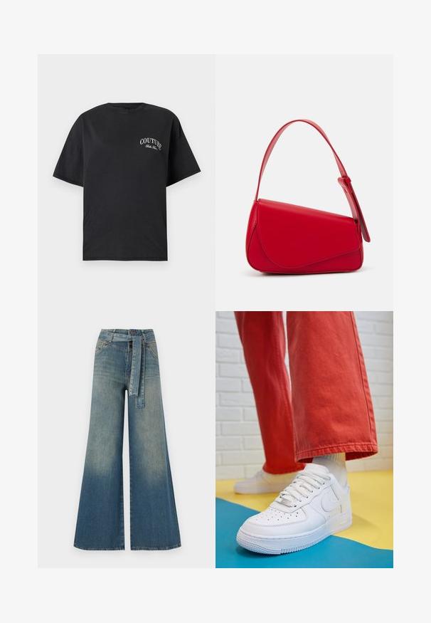 Black cotton t-shirt with short sleeves, featuring a white "COUTURE" logo on the left side of the chest. Crew neck design.; Wide-leg denim trousers featuring a light to dark blue gradient, high waist, belt loops, and a matching fabric belt. Textured denim finish.; White leather sneaker with perforated toe box, textured sole, and white laces, paired with wide red pants and a blue and yellow background.; Red leather handbag with an angular, geometric design. Features a single adjustable strap and a flap closure with stitched detailing.