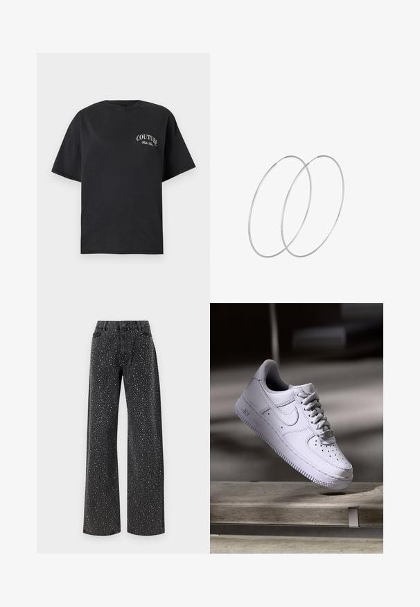 Črna bombažna majica s kratkimi sleeve, z belim logotipom "COUTURE" na levi strani prsnega dela. Oblika s krožnim ovratnikom.; Noisy May NMJANNEL LOOSE - Široke kavbojke - black denim; Bela superga Nike Air Force 1, ki lebdi nad betonsko površino s sencami v minimalističnem okolju.; Srebrne uhane v obliki obroča z minimalističnim dizajnom. Krožna oblika, gladka tekstura in tanek profil. Lahki s poliranim zaključkom.