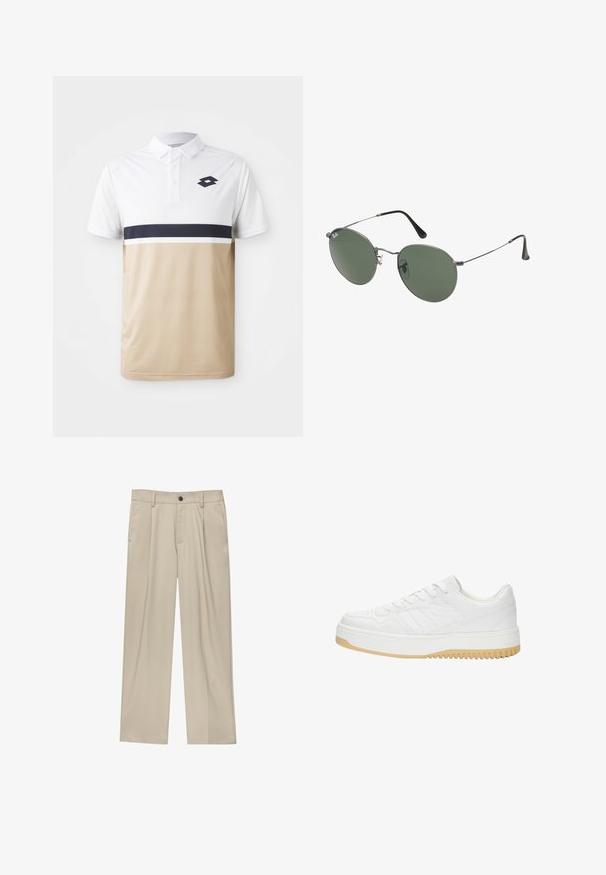 Fehér felső résszel, bézs alsó résszel és navy kék vízszintes csíkkal rendelkező polo póló. Gombos gallérral és mellkasi logóval rendelkezik. Texturált anyag.; Beige egyenes szárú nadrág, egy fekete gombbal, övhurkokkal és oldalzsebekkel. Sima szövettextúra és minimális design.; Fehér bőr sneaker, texturált felülettel, gumitalppal, fűzős kialakítással és diszkrét csíkozással az oldalakon.; Fémkeretes napszemüveg ovális zöld lencsékkel. Vékony ezüst színű fémkeret és fekete fülrész. Minimalista dizájn, látható logók nélkül.