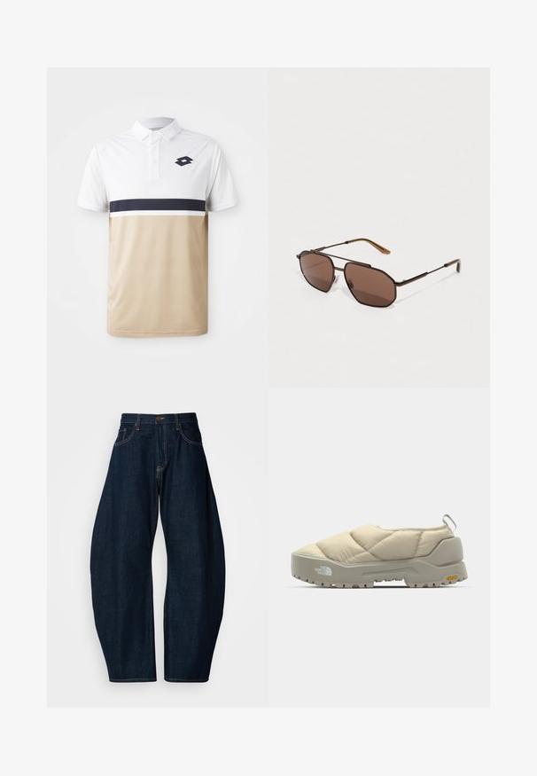 Polo tričko s bílým vrškem, béžovým spodkem a námořnickou vodorovnou pruhovanou linií. Disponuje button-down límečkem a logem na hrudi. Texturovaná látka.; Tmavě modré džíny z denimu s širokým střihem, které mají výrazné švy, pět kapes a mosazné zapínání v pase.; Prošívaná béžová slip-on obuv s šedou Vibram podešví, zaoblený tvar a zadní poutko. Obsahuje logo na boku a texturovaný svrchní povrch.; Hnědé osmiúhelníkové sluneční brýle s tenkým černým kovovým rámem, doplněné hnědými stranicemi. Tmavé tónované čočky poskytují UV ochranu.