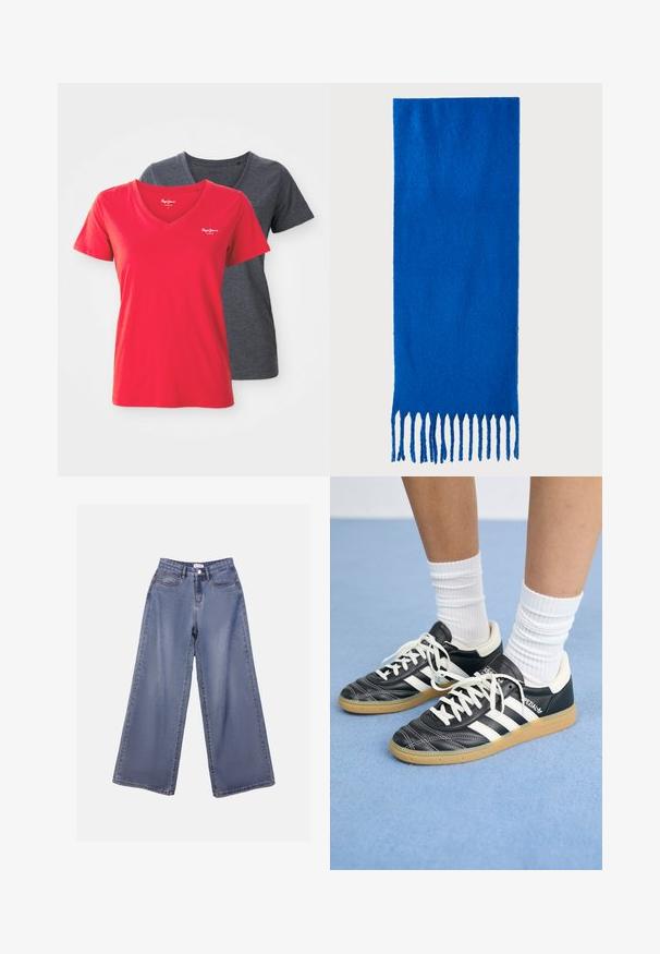 Două tricouri cu decolteu în V: unul în roșu aprins, iar celălalt în gri închis. Fabricate din bumbac moale, cu mâneci scurte și un design conformat.; Jeans din denim cu picioare largi într-o nuanță de albastru deschis, având talie înaltă, buzunare frontale și închidere cu nasture și bucle pentru curea.; Adidași din piele neagră cu dungi albe, vârful rotund, șireturi albe și talpă din cauciuc natural. Accentuați de un guler căptușit și detalii de brand.; Fular albastru cu ciucuri realizat dintr-un material moale; are o culoare solidă cu o suprafață texturată și ciucuri tăiați uniform în partea de jos.