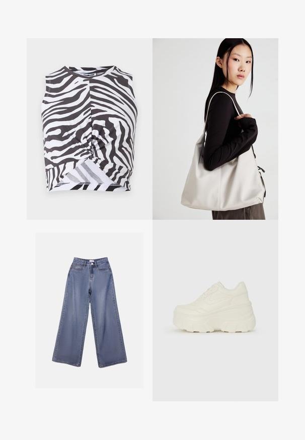 Kratka majica brez rokavov z zebrastim vzorcem, izdelana iz mehkega materiala, z vratnim izrezom v obliki kroga in zasukom na pasu. Monokromatska barvna shema.; Široke denim hlače v svetlo modrem pranju, s poudarjeno pasom, sprednjimi žepi in gumbom za zapiranje z zankami za pas.; Bele platformske tene z belim zgornjim delom, ki spominja na usnje, okroglo obliko, oblazinjen ovratnik ter gumo z teksturo na podplatu z izrazitimi profili.; Bežna torbica iz mehkega materiala, z ohlapno zasnovo, šivi in dvema naramnicama. Primerna za vsakodnevno uporabo.