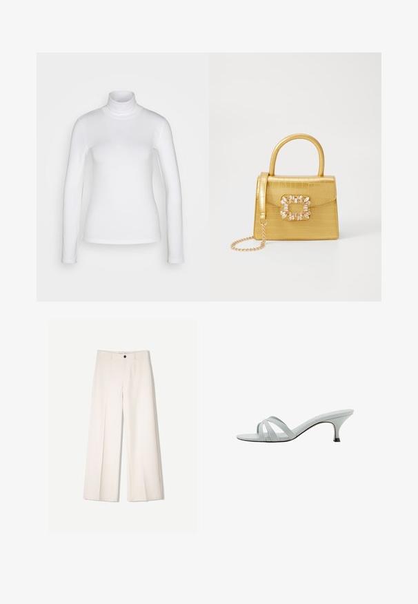 Bela dolga majica s turtleneck ovratom, izdelana iz gladkega, elastičnega materiala. Ima oprijet kroj in visok ovratnik. Brez vidnih vzorcev ali dodatkov.; Kremne široke hlače s krojem, ki vključujejo dve sprednji žepi in en sprednji gumb za zapiranje, izdelane iz gladkega blaga.; Svetlo sivi sandali s petom s tremi ukriženim trakama, vitkim oblikom i suženom petom. Glatka tekstura s lagano sjajnim završetkom.; Rumeno usnjeno-usnje z vzorcem krokodila, s strukturiranim dizajnom, zgornjo ročajem, snemljivo verižico in dekorativnim kristalnim okrasjem na zaponki.