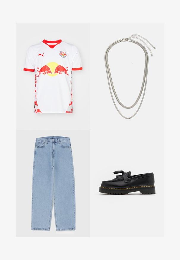 Fehér foci mez piros kiegészítőkkel, kerek nyakkal, Red Bull logóval és oldalsó mintákkal. Könnyű anyagból készült.; Világoskék farmernadrág egyenes szárú kivitelben, közepes derékkal, öt zsebbel, gombos és cipzáros záródással.; Fekete bőr mokaszin, rojtos díszítéssel, masszív fekete talppal és sárga varrással az élén. Texturált felület.; Háromrétegű ezüstszínű fém nyaklánc, letisztult, rugalmas láncokkal, enyhe fényességgel, homárkapoccsal rögzítve és állítható lánccal.