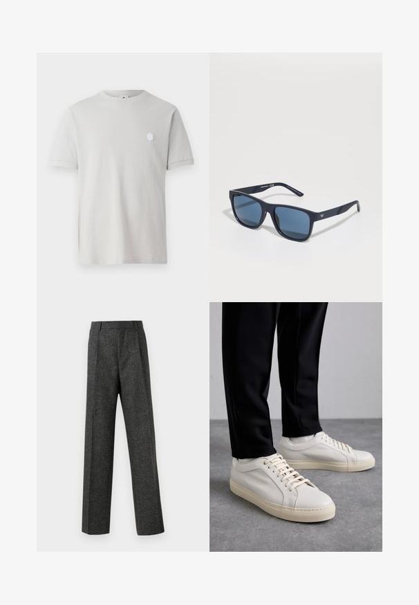 Light gray cotton t-shirt with short sleeves, round neckline, and a small hexagonal white logo on the upper left side. Smooth texture.; Gray tailored trousers made of textured fabric, featuring two front pleats and a straight-leg design. No visible pockets or embellishments.; Light beige leather sneakers with flat laces, a textured surface, and a contrasting cream-colored rubber sole, paired with black tapered pants.; Blue rectangular sunglasses with dark lenses, matte navy frame, logo detail on the temple, straight arms, and a solid, smooth texture.