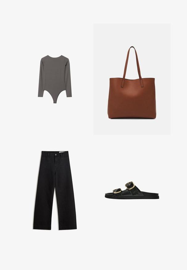 Stradivarius OPEN BACK - Majica z dolgimi rokavi - dark grey; Črne široke denim hlače z visokim pasom, ki imajo sprednje in zadnje žepe, šivane šive ter gumbasto zapiranje. Gladka tekstura.; Črne drsne sandale z dvema zlatima zaponkama, gladkega materiala, ravnim podplatom in minimalističnim dizajnom.; Rjava usnjena torba z gladko teksturo, odprto zasnovo zgoraj in dvema naramnima trakovoma. Opremljena je z minimalnim šivanjem in brez vidnih kovinskih delov.