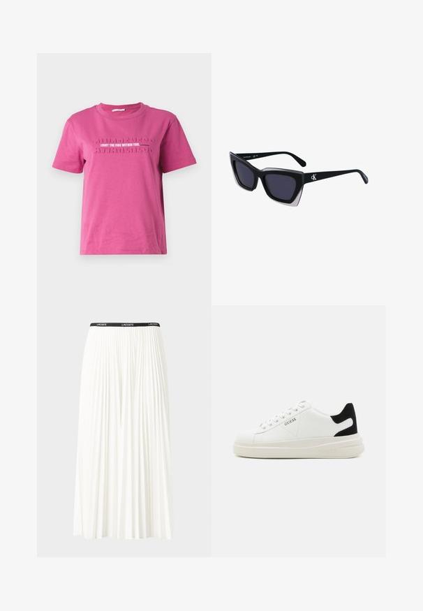Różowa koszulka z bawełny z krótkim rękawem, z wypukłym napisem "ROZPAL OGIEŃ W SOBIE" oraz powtarzającym się wzorem "ŚWIADOMOŚĆ".; Plisowana biała spódnica z czarnym elastycznym pasem z logo "LACOSTE". Średniej długości, o miękkiej teksturze.; Białe skórzane sneakersy z grubą białą podeszwą, czarnym zamszowym akcentem na pięcie oraz wytłoczonym logotypem z boku. Projekt z sznurówkami i sześcioma dziurkami.; Czarne, oversize okulary przeciwsłoneczne o geometrycznym kształcie, z ciemnymi soczewkami i kontrastującym szarym detalem na oprawie. Logo na ramieniu.