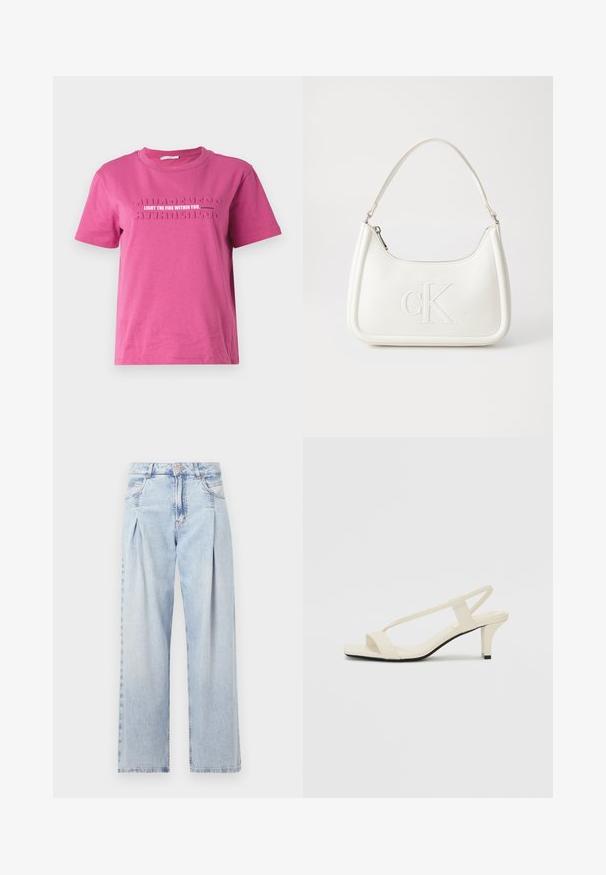 Rožinė medvilninė marškinė su trumpomis rankovėmis, su iškilniu tekstu "ĮŽIEBK UGNĮ SAVYJE" ir pasikartojančiu raštu "SĄMONINGUMAS".; Šviesiai mėlyni džinsai su aukštu liemeniu, plačiomis kojomis, dviem šoninėmis kišenėmis ir raukinių dizainu. Minkšta tekstūra su nudilusia apdaila.; Kreminės blokų kulno šlepetės su plonomis dirželiais ir kvadratiniu pirštu. Lygus medžiaga su minimaliais akcentais, sukurtos lengvam dėvėjimui.; Balta odinė rankinė su išlenkta forma, su reljefiniu "CK" logotipu priekyje ir viena petneša. Užtrauktuko uždarymas viršuje.