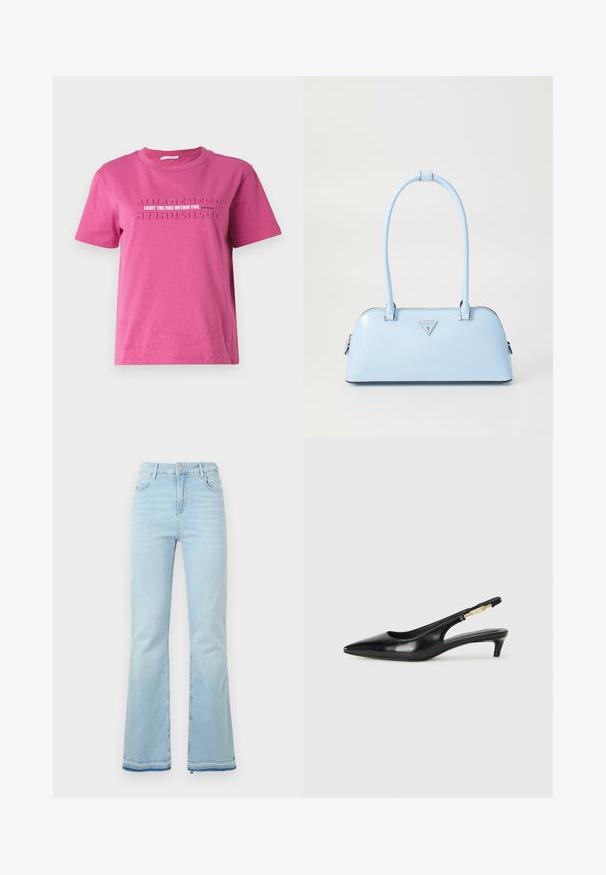 Lyserød bomulds t-shirt med korte ærmer, prydet med forhøjet tekst "LIGHT THE FIRE WITHIN YOU" og et gentagende mønster af "AWARENESS".; Lyseblå flagrende jeans lavet af denim, med høj talje, forlommer og rå kant ved sømmene for et afslappet look.; Sorte læder slingback hæle med spids tå, der har en slank hæl og en guldfarvet detalje på den justerbare rem. Glat tekstur.; Lyseblå håndtaske med en struktureret form, glat lædermateriale, to hanke og et trekantet brandlogo på fronten. Lynlås lukning.