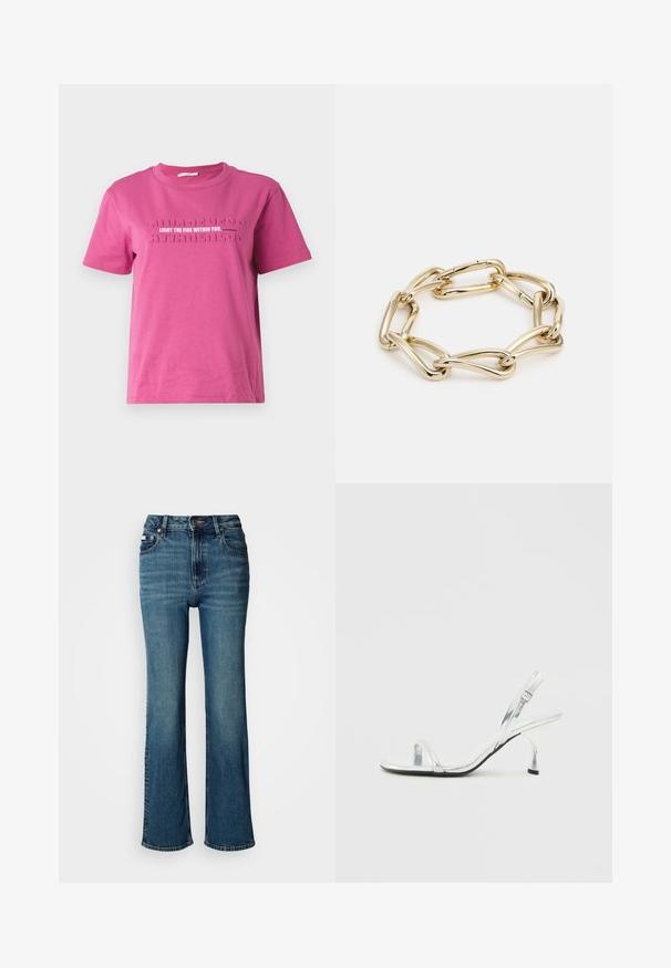 Camiseta de algodón rosa con mangas cortas, que presenta el texto en relieve "ENCIENDE EL FUEGO QUE LLEVA DENTRO" y un patrón repetitivo de "CONSCIENCIA".; Jeans de tiro alto en azul, confeccionados en denim, con un diseño de pierna recta, un ligero desvanecido y un cierre estándar de botón y cremallera.; Sandal de tacón alto de charol plateado con tiras estrechas en la puntera, hebilla ajustable y un tacón delgado.; Pulsera en tono dorado que presenta eslabones alargados interconectados con una textura suave y brillante. Cada eslabón tiene una forma ovalada distinta.