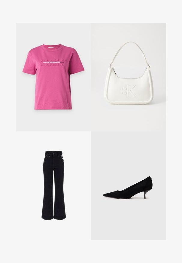 Rosa bomullströja med korta ärmar, prydd med upphöjd texten "TÄND LJUS I DIG" och ett repetitivt mönster med "MEDVETENHET".; Svarta utsvängda jeans i bomullsblandning med hög midja, knappdekorationer på sidorna och en slät yta. Klassisk silhuett och mångsidig design.; Svart mocka hög klackskor med spetsig tå och en smal, låg klack. Slät textur med en elegant design, utan synlig hårdvara.; Vit läderhandväska med en böjd form, som har en präglad "CK"-logotyp på framsidan och ett enda axelband. Dragkedjestängning upptill.