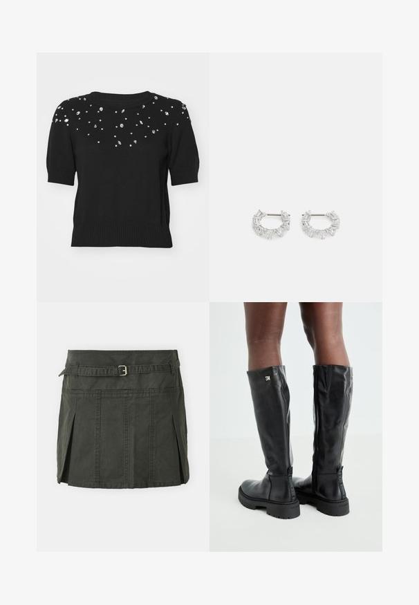 Juodas megztinis trumpomis rankovėmis, puošnus atsitiktiniais sidabriniais blizgučiais krūtinėje ir viršutinėse rankovėse. Gofruotas apykaklė ir apatinė dalis.; Tamsiai žalia medvilninė mini sijonas su prigludusia liemene, diržu ir priekinių klosčių detalėmis. Yra siuvinėjimo detalės ir klasikinis kirpimas.; Juodos iki kelių odinės botai su lygiu paviršiumi, apvaliu pirštu, stambiu padu ir užtrauktuku. Ant šono yra sidabrinė logo.; Sidabrinės auskarų kabliukų formos auskarai, papuošti aiškiais, stačiakampiais ir trikampiais kristalais, kurie išdėstyti raštuotu dizainu. Tvirtinimai, užtikrinantys saugų prilaikymą.