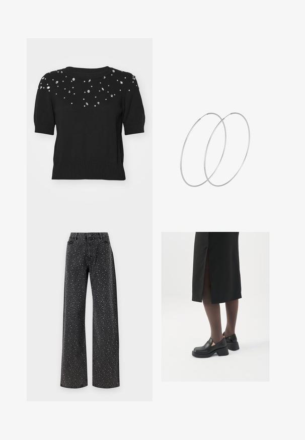 Zwarte trui met korte mouwen, versierd met verspreide zilveren strass-steentjes op de borst en bovenmouwen. Geribbelde halslijn en zoom.; Noisy May NMJANNEL LOOSE - Relaxed fit jeans - black denim; Zwarte leren schoenen met een ronde neus, dikke blokhak en elastische zijkanten, gecombineerd met donkere panty's en een zwarte rok met een split.; Zilveren hoepel oorbellen met een minimalistisch ontwerp. Cirkelvormig, gladde textuur en dun profiel. Lichtgewicht met een gepolijste afwerking.