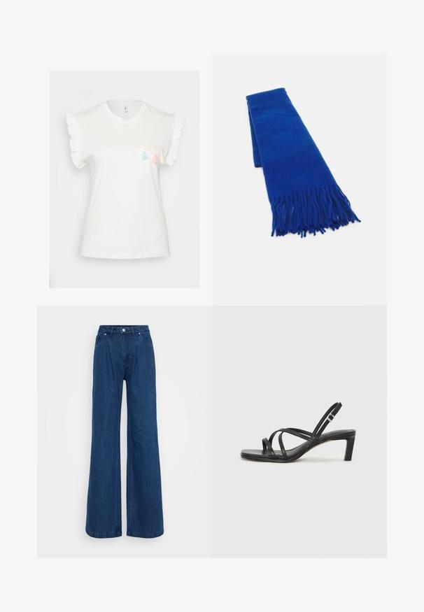 White cotton T-shirt with short ruffled sleeves, featuring a front pocket trimmed with lace and three colored tassels: pink, blue, and white.; Wide-leg blue denim jeans with a high waist, front button and zipper closure, and front and back pockets against a plain background.; Black strappy sandal with a square toe and a low block heel. Features multiple thin straps and an adjustable ankle strap. Made of smooth leather.; Blue woven scarf with fringed ends, smooth texture, rectangular shape, and uniform color throughout. Suitable for cold weather.; Silver double-band ring with a smooth, polished surface. Features a fluid, curved design with overlapping sections for a modern look.